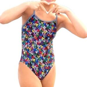 Dolfin Women's Uglies Love Wins String Back One Piece Swimsuit Sz 32 Multi NWT